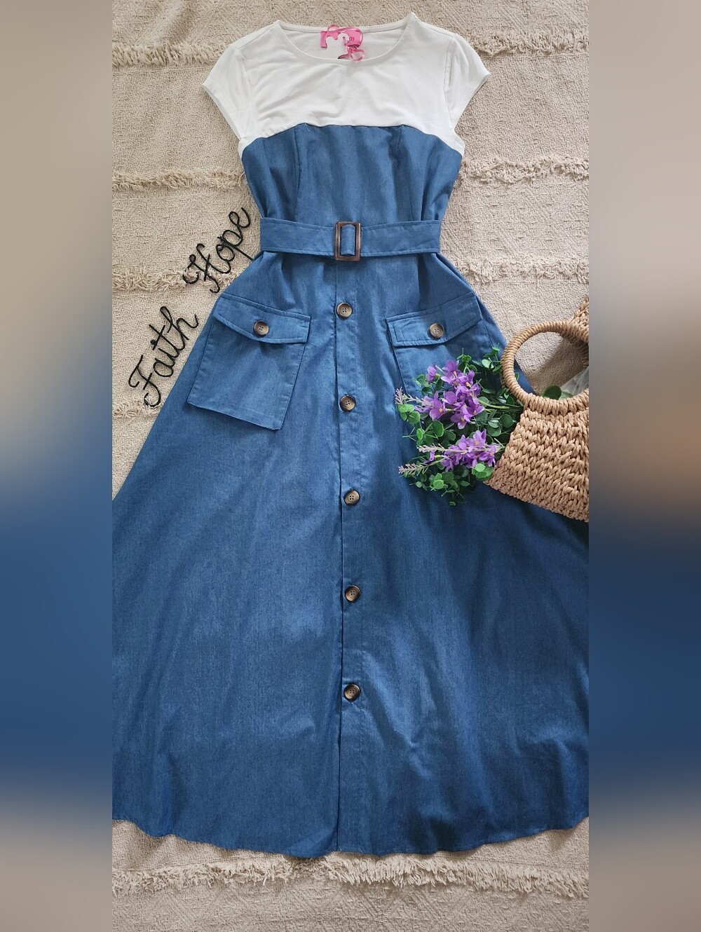 Denim Button-Front Midi dress with Belt - Blue
